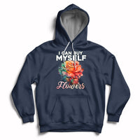 Dark navy hoodie with rose graphic and 'I CAN BUY MYSELF' plus 'Flowers' print.
