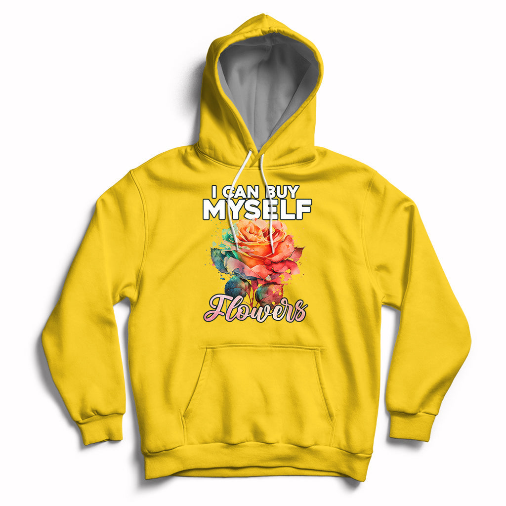 Yellow hoodie with rose graphic and 'I CAN BUY MYSELF' plus 'Flowers' print.