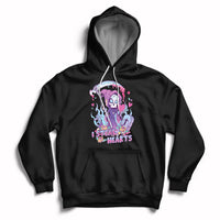 Black graphic hoodie with skull and heart design, pullover hood, and front kangaroo pocket