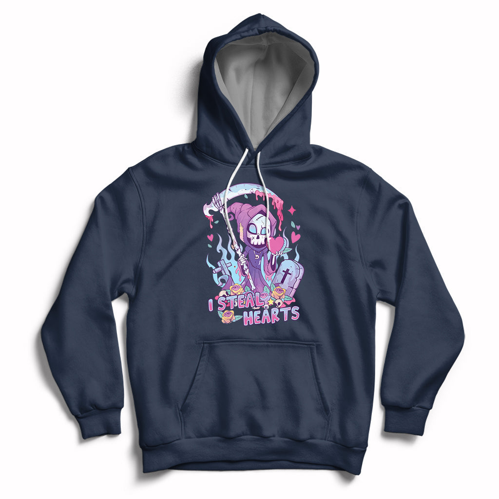 Navy graphic hoodie with skull and heart design, pullover hood, and front kangaroo pocket