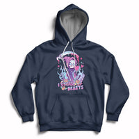 Navy graphic hoodie with skull and heart design, pullover hood, and front kangaroo pocket