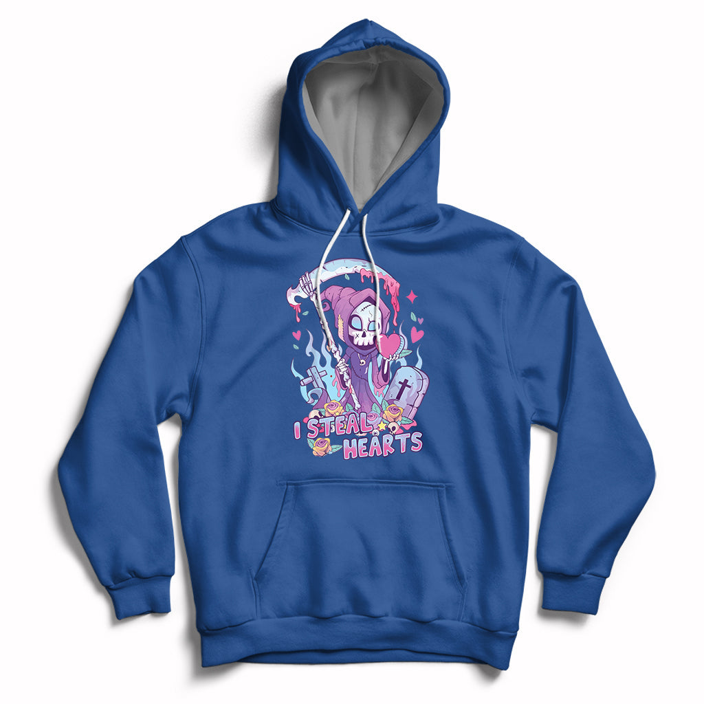 Royal blue graphic hoodie with skull and heart design, pullover hood, and front kangaroo pocket