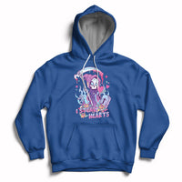 Royal blue graphic hoodie with skull and heart design, pullover hood, and front kangaroo pocket