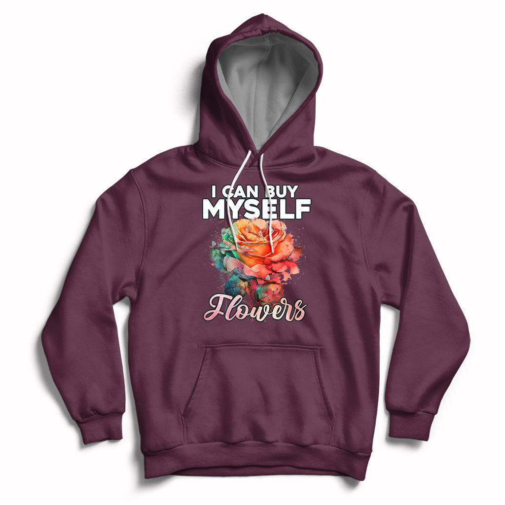 Maroon hoodie with rose graphic and 'I CAN BUY MYSELF' plus 'Flowers' print.