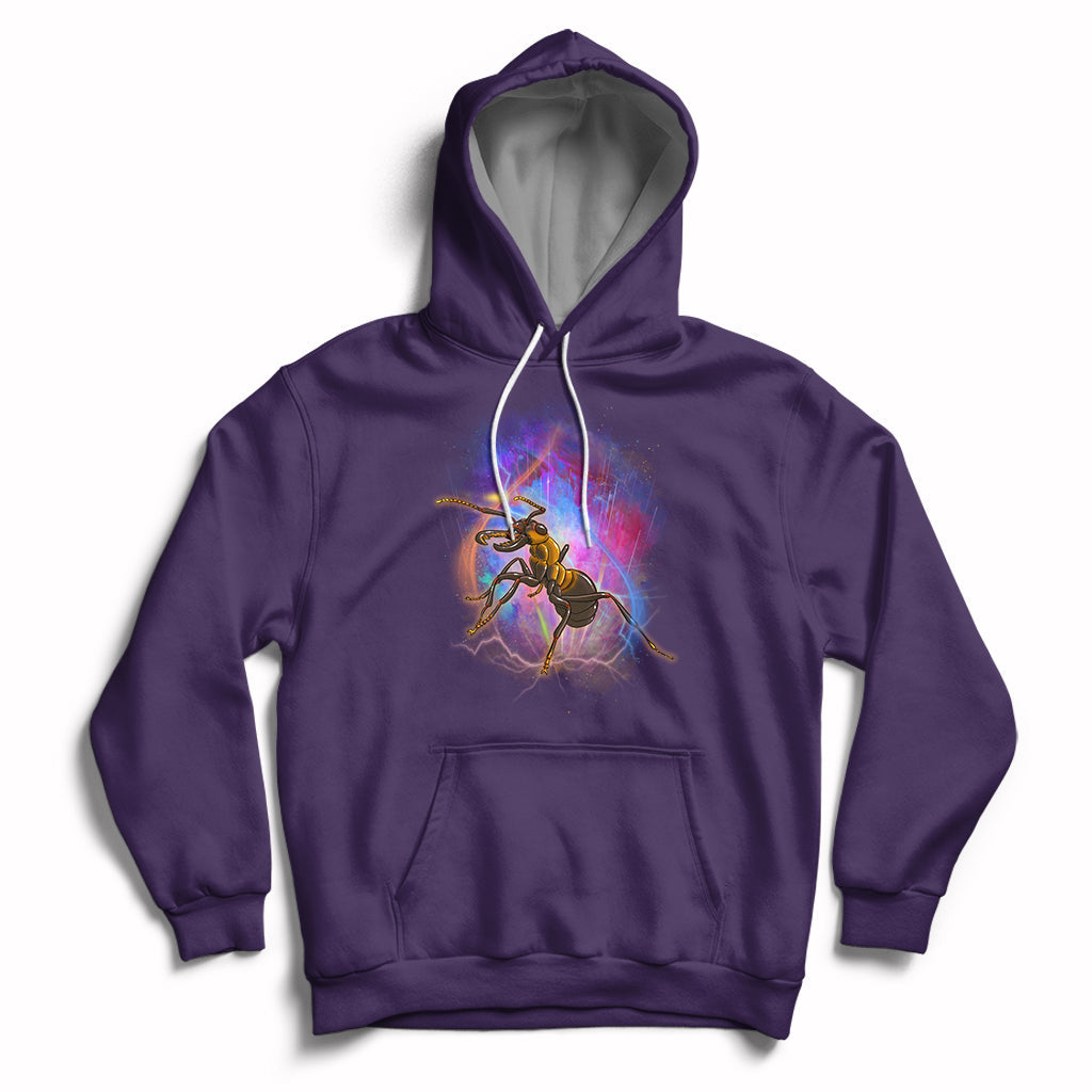 Purple hoodie with ant warrior graphic, front pocket, and drawstring hood.