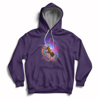 Purple hoodie with ant warrior graphic, front pocket, and drawstring hood.