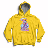 Yellow graphic hoodie with skull and heart design, pullover hood, and front kangaroo pocket