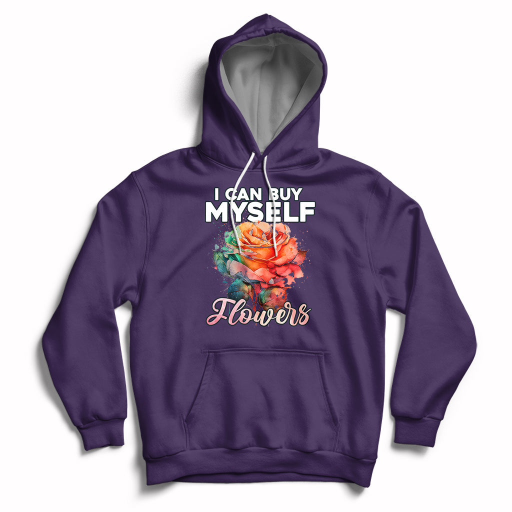 Purple hoodie with rose graphic and 'I CAN BUY MYSELF' plus 'Flowers' print.
