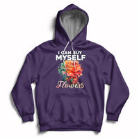 Purple hoodie with rose graphic and 'I CAN BUY MYSELF' plus 'Flowers' print.