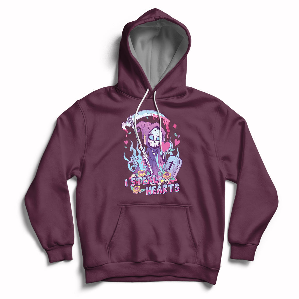 Maroon graphic hoodie with skull and heart design, pullover hood, and front kangaroo pocket
