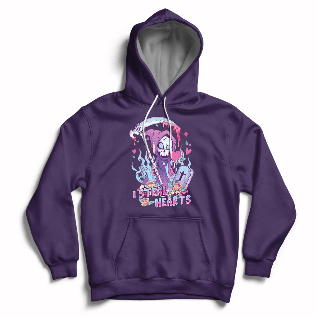 Purple graphic hoodie with skull and heart design, pullover hood, and front kangaroo pocket