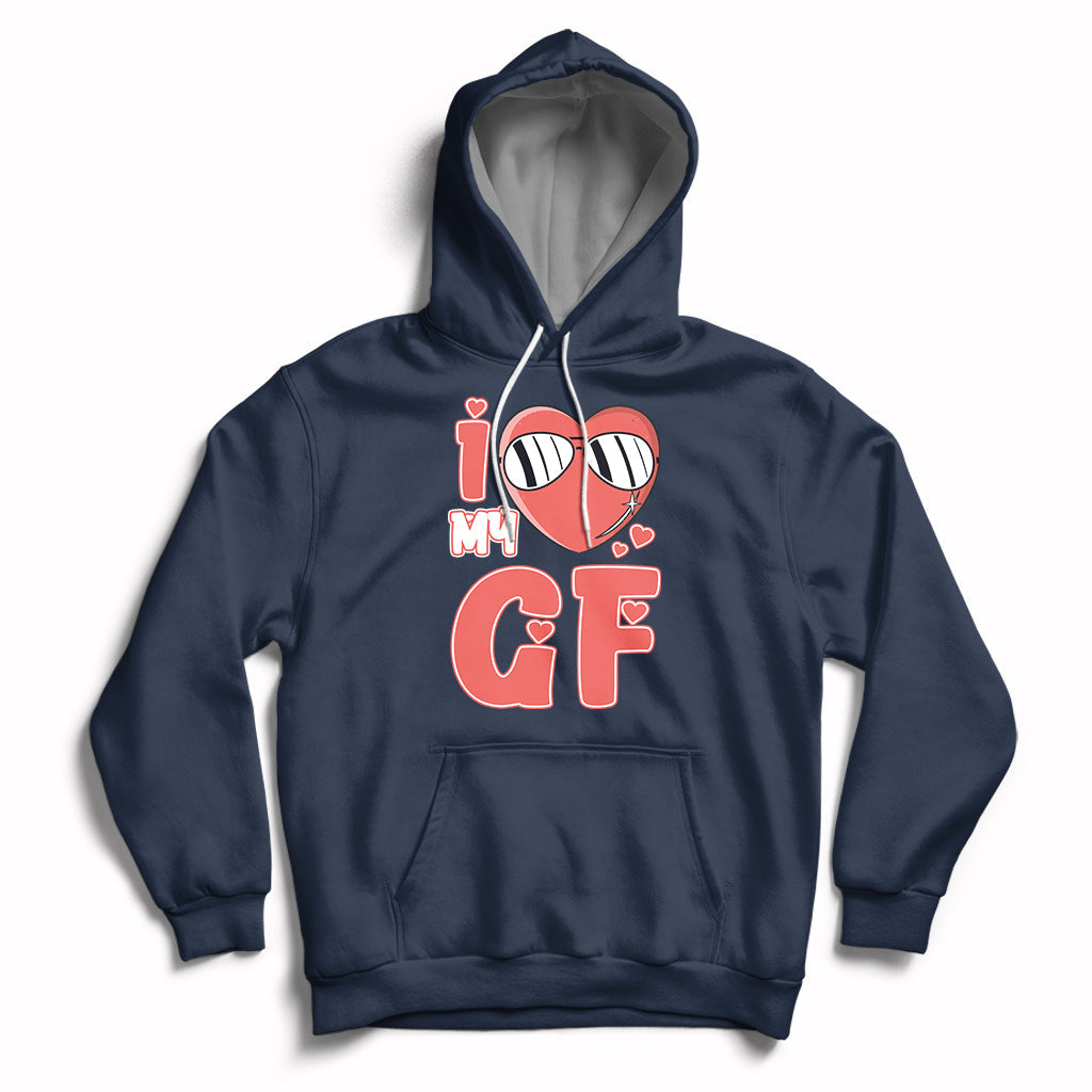 Navy pullover hoodie with red heart GF graphic and hood