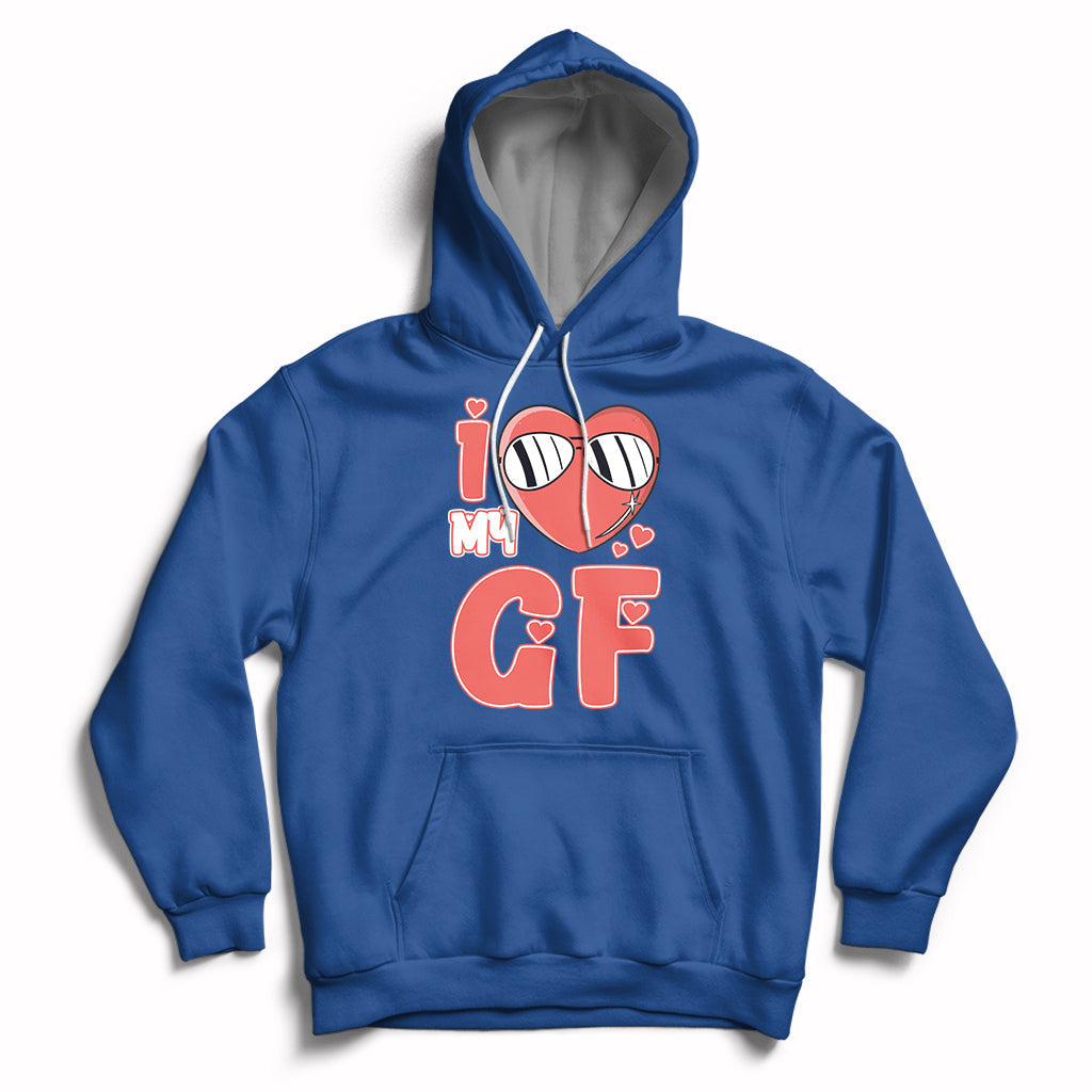 Royal blue pullover hoodie with red heart GF graphic and hood