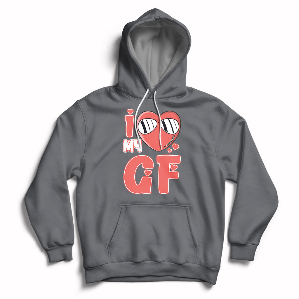 Charcoal pullover hoodie with red heart GF graphic and hood