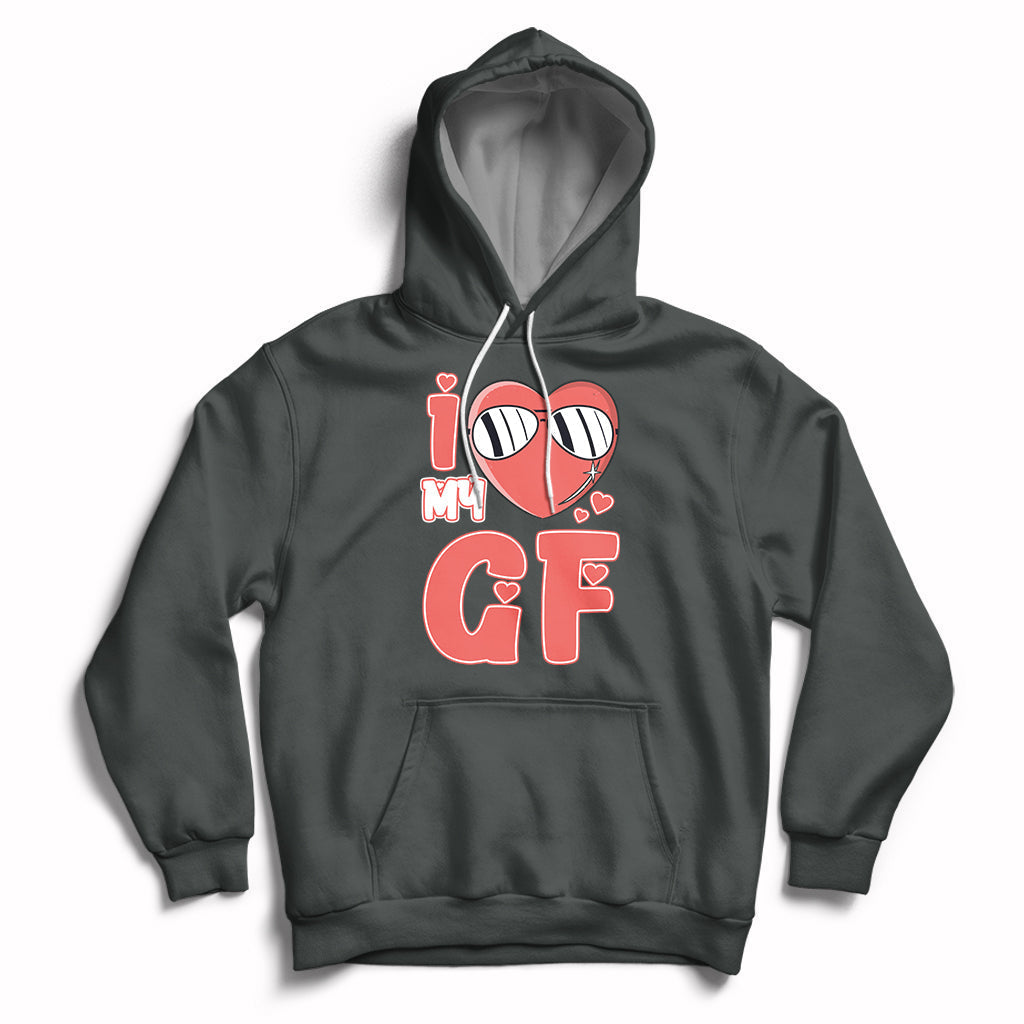 Dark charcoal pullover hoodie with red heart GF graphic and hood