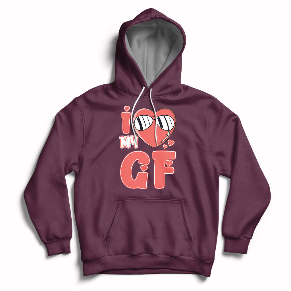 Maroon pullover hoodie with red heart GF graphic and hood
