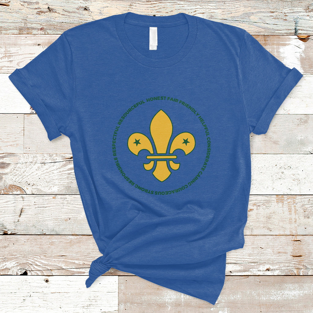 Girls graphic T-shirt, royal blue, yellow fleur-de-lis emblem with green circular text