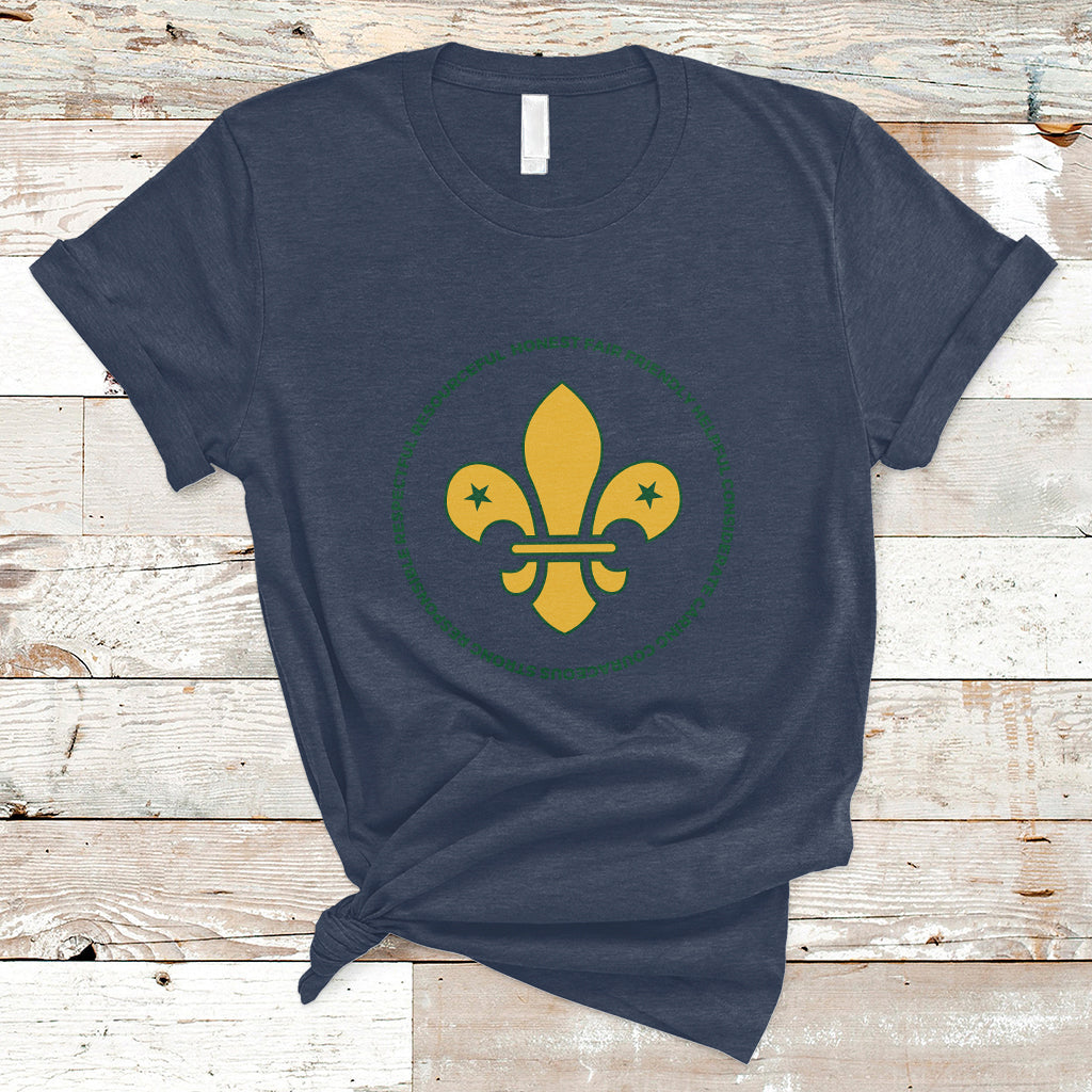 Girls graphic T-shirt, navy, yellow fleur-de-lis emblem with green circular emblem