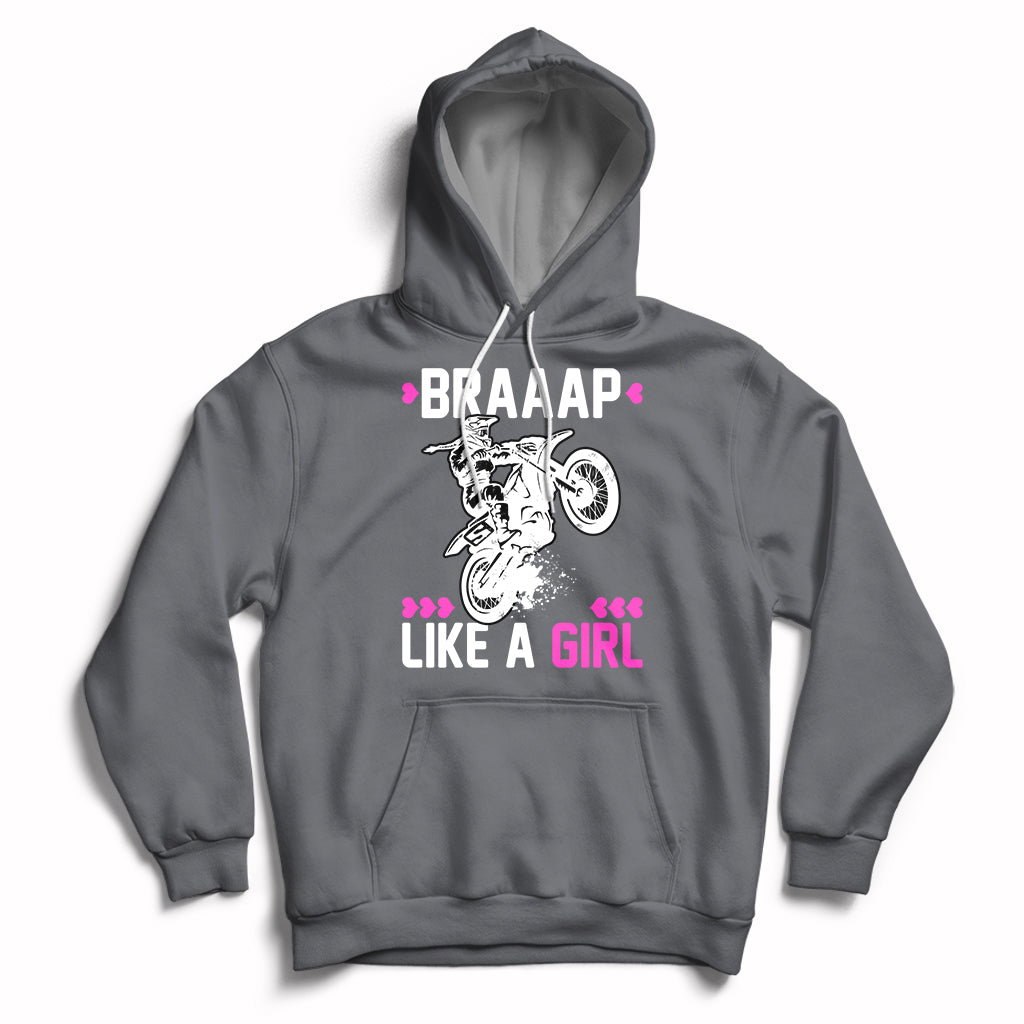 Dark gray women's motocross hoodie with drawstring hood and 'Braaap Like a Girl' graphic