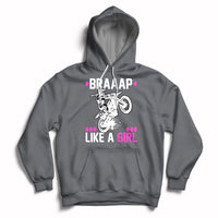 Dark gray women's motocross hoodie with drawstring hood and 'Braaap Like a Girl' graphic