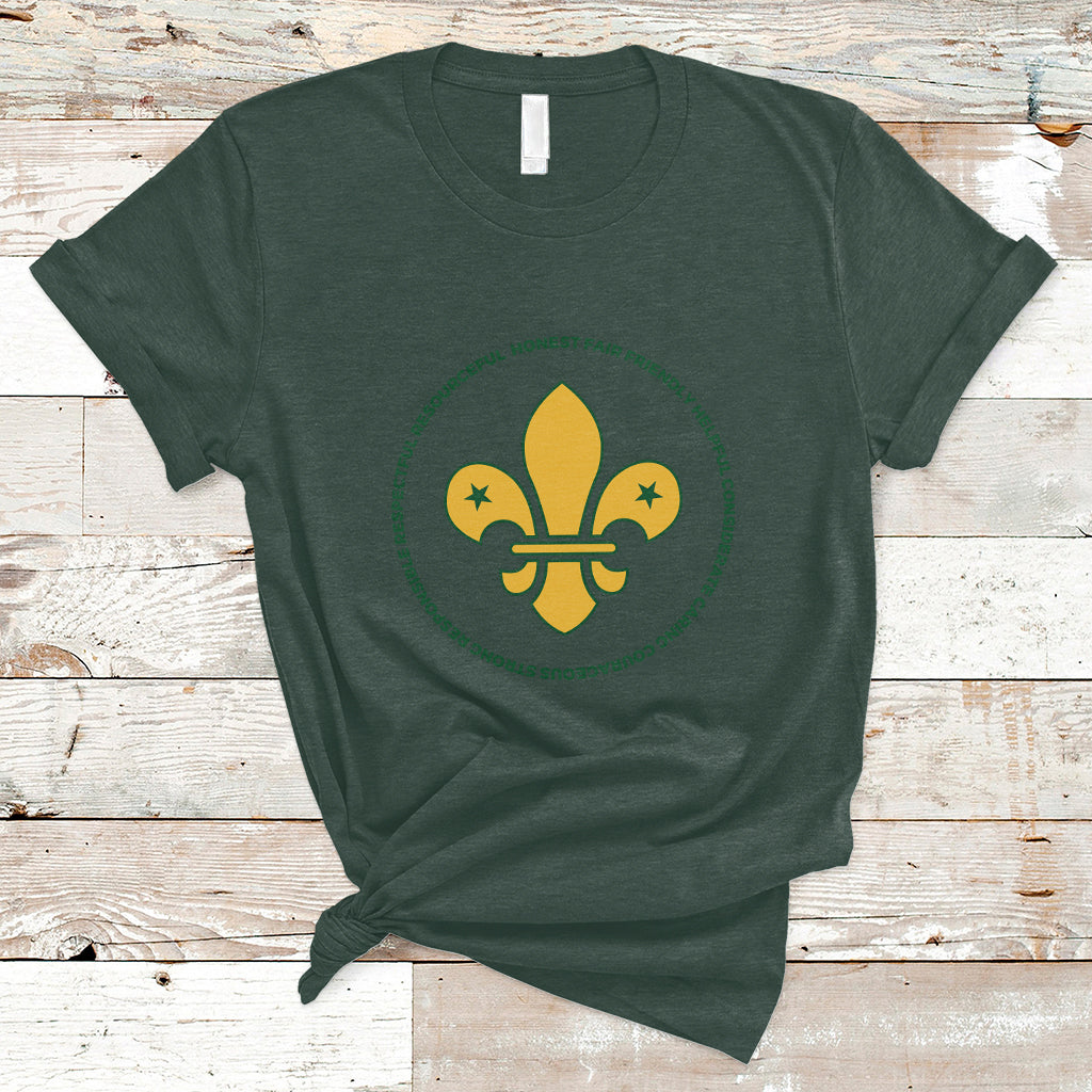 Girls graphic T-shirt, forest green, yellow fleur-de-lis emblem with green ring design