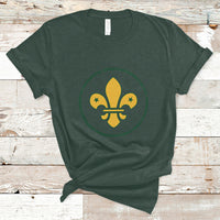 Girls graphic T-shirt, forest green, yellow fleur-de-lis emblem with green ring design