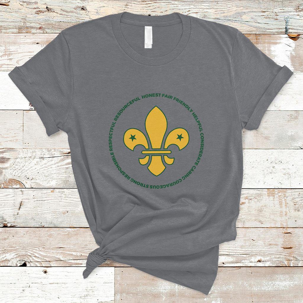 Girls graphic T-shirt, charcoal gray, yellow fleur-de-lis emblem with green circle text