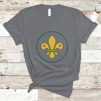 Girls graphic T-shirt, charcoal gray, yellow fleur-de-lis emblem with green circle text