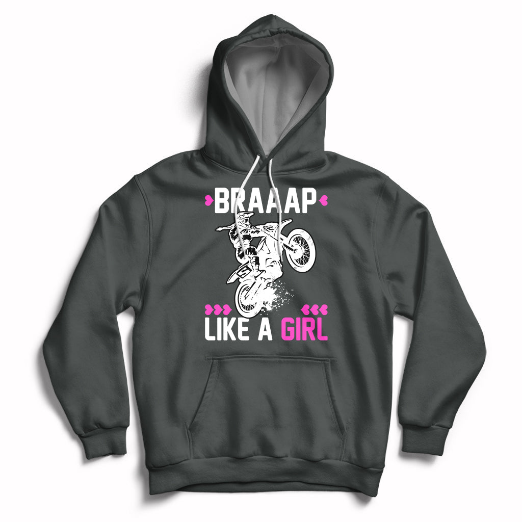 Charcoal women's motocross hoodie with drawstring hood and 'Braaap Like a Girl' graphic