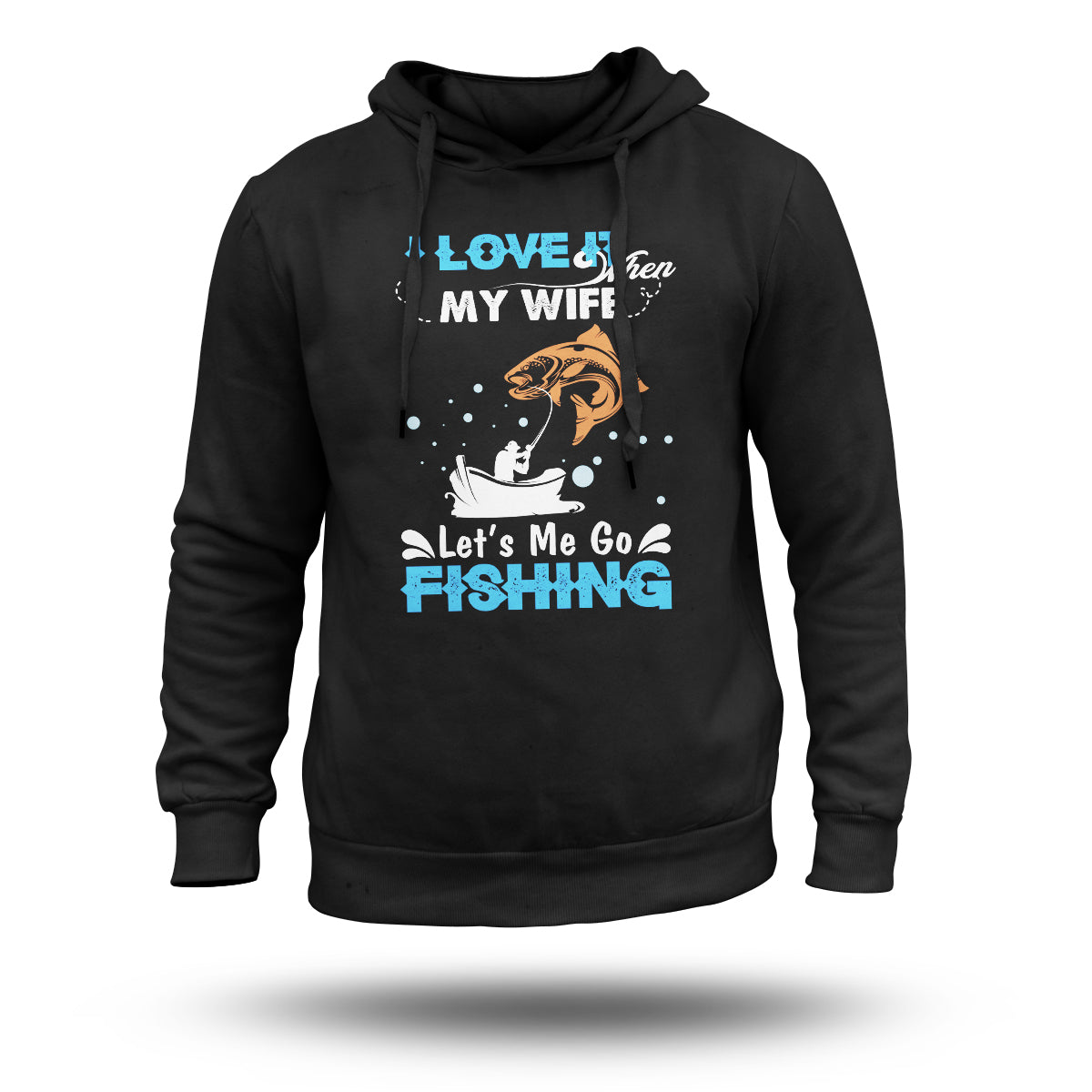 Black pullover hoodie with fishing graphic and slogan-style front print