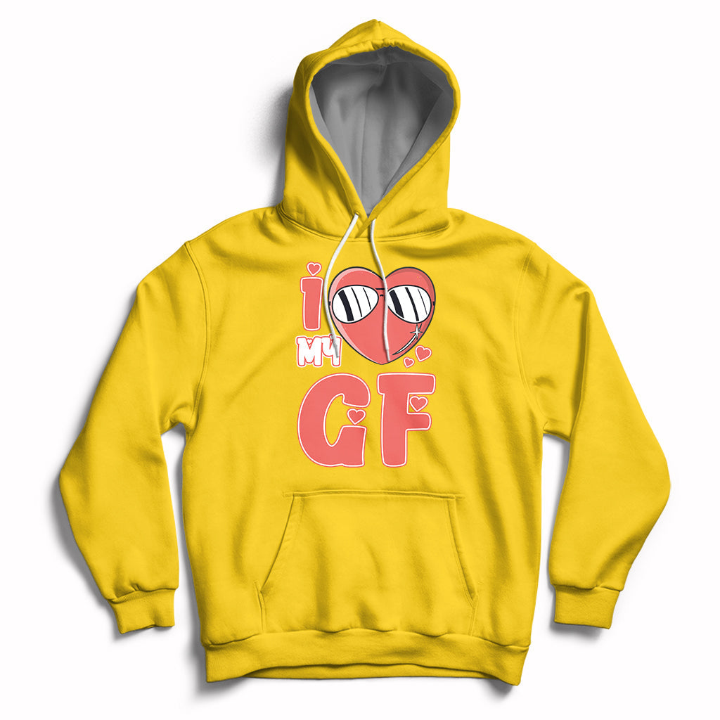 Yellow pullover hoodie with red heart GF graphic and hood