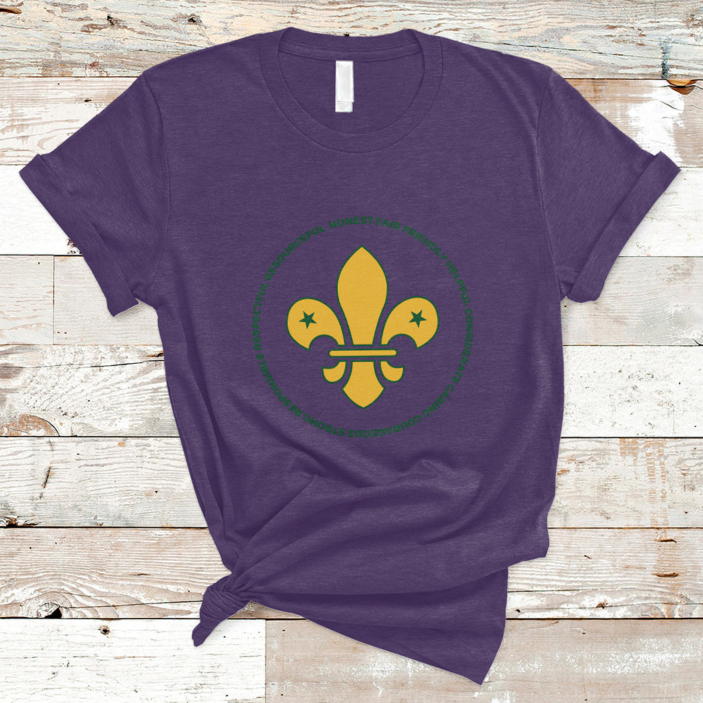 Girls graphic T-shirt, purple, yellow fleur-de-lis emblem with green circular text