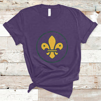 Girls graphic T-shirt, purple, yellow fleur-de-lis emblem with green circular text