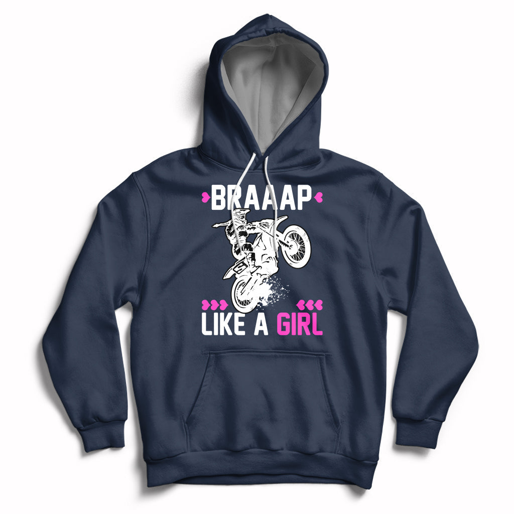 Navy women's motocross hoodie with drawstring hood and 'Braaap Like a Girl' graphic