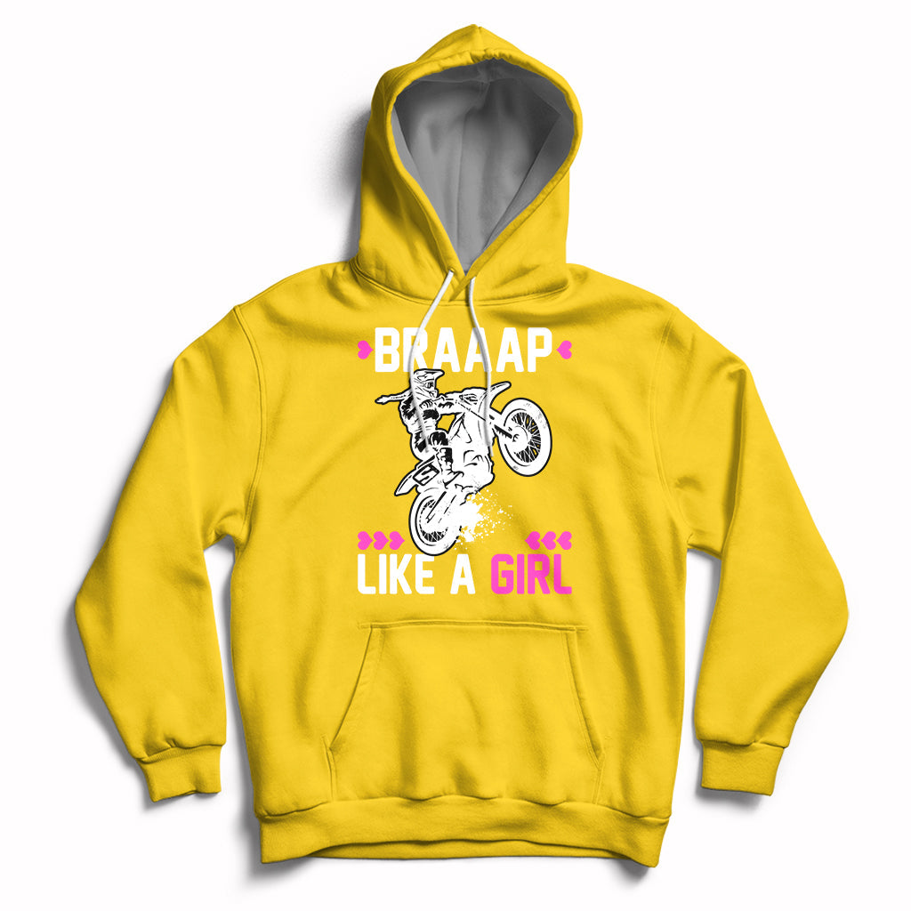 Yellow women's motocross hoodie with drawstring hood and 'Braaap Like a Girl' graphic