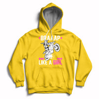 Yellow women's motocross hoodie with drawstring hood and 'Braaap Like a Girl' graphic