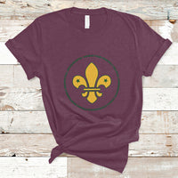 Girls graphic T-shirt, maroon, yellow fleur-de-lis emblem with green ring and icons