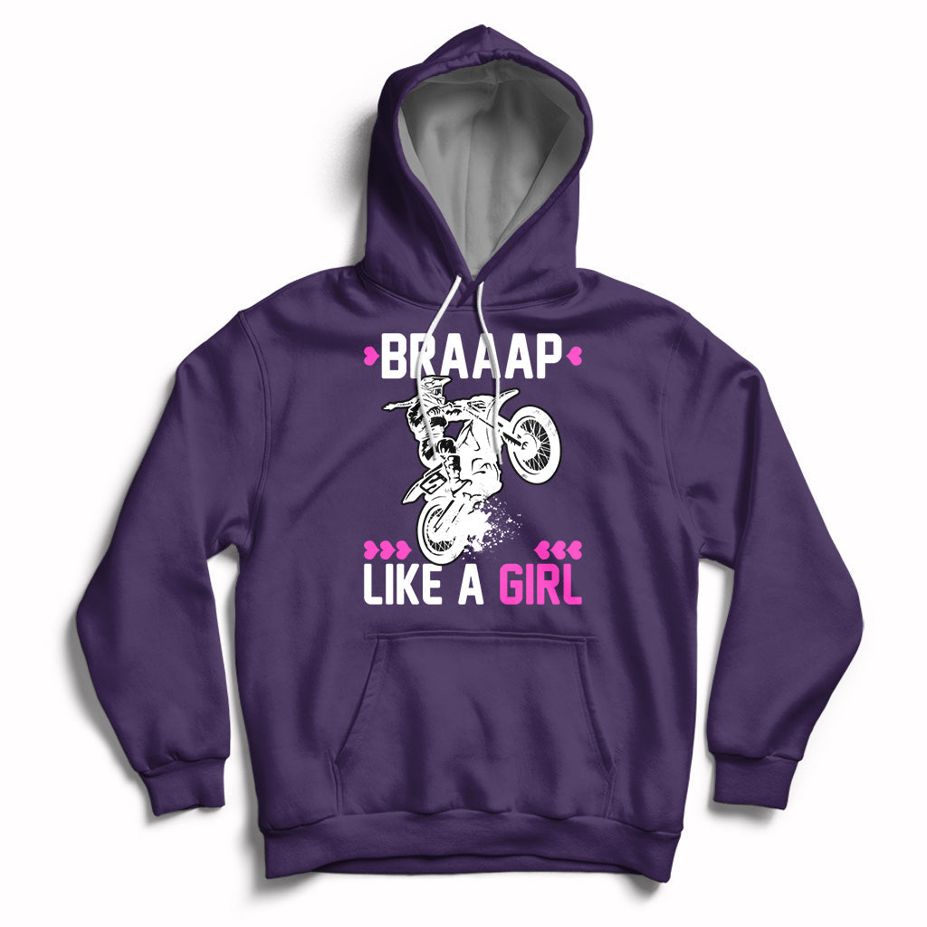 Purple women's motocross hoodie with drawstring hood and 'Braaap Like a Girl' graphic