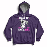 Purple women's motocross hoodie with drawstring hood and 'Braaap Like a Girl' graphic