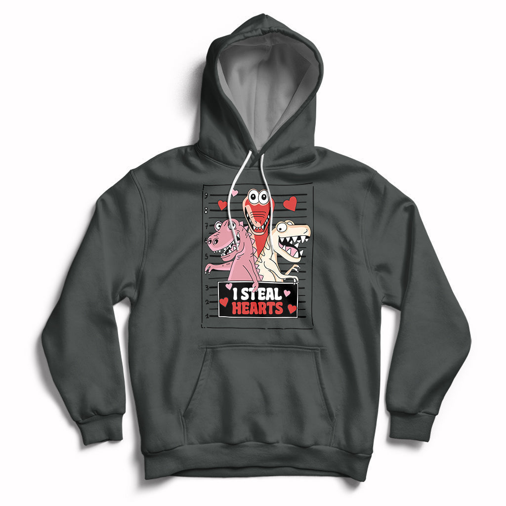 Dark gray hoodie with front pocket, drawstring hood, and skeleton Valentine hearts graphic