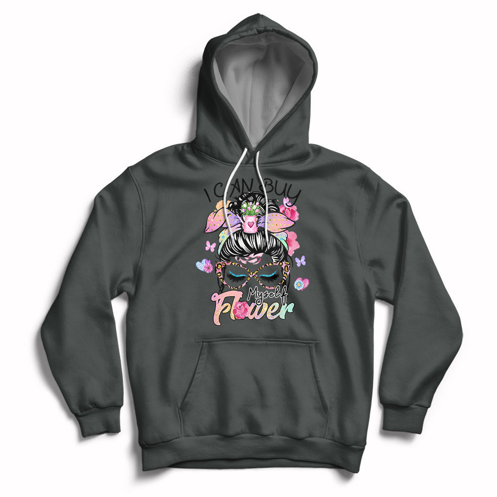 Dark gray pullover hoodie with floral self-love graphic, hood, and front pocket