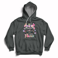 Dark gray pullover hoodie with floral self-love graphic, hood, and front pocket