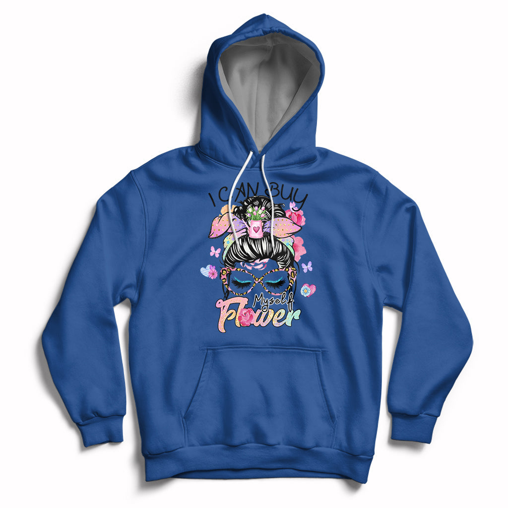 Royal blue pullover hoodie with floral self-love graphic, hood, and front pocket