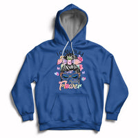Royal blue pullover hoodie with floral self-love graphic, hood, and front pocket