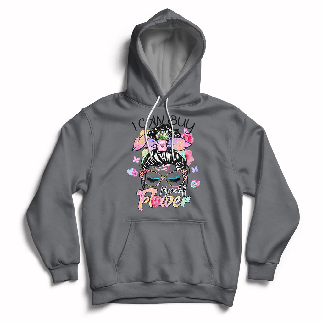 Charcoal gray pullover hoodie with floral self-love graphic and front pocket