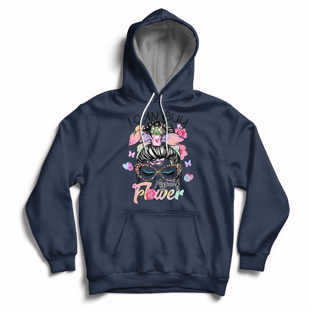 Navy pullover hoodie with floral self-love graphic, hood, and front pocket
