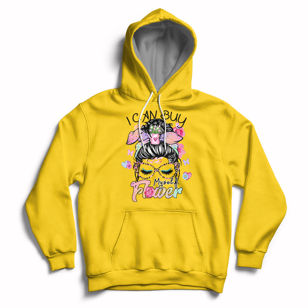 Yellow pullover hoodie with floral self-love graphic, hood, and front pocket