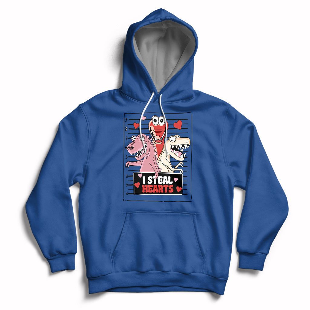 Royal blue hoodie with front pocket, drawstring hood, and skeleton Valentine hearts graphic