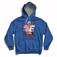 Royal blue hoodie with front pocket, drawstring hood, and skeleton Valentine hearts graphic