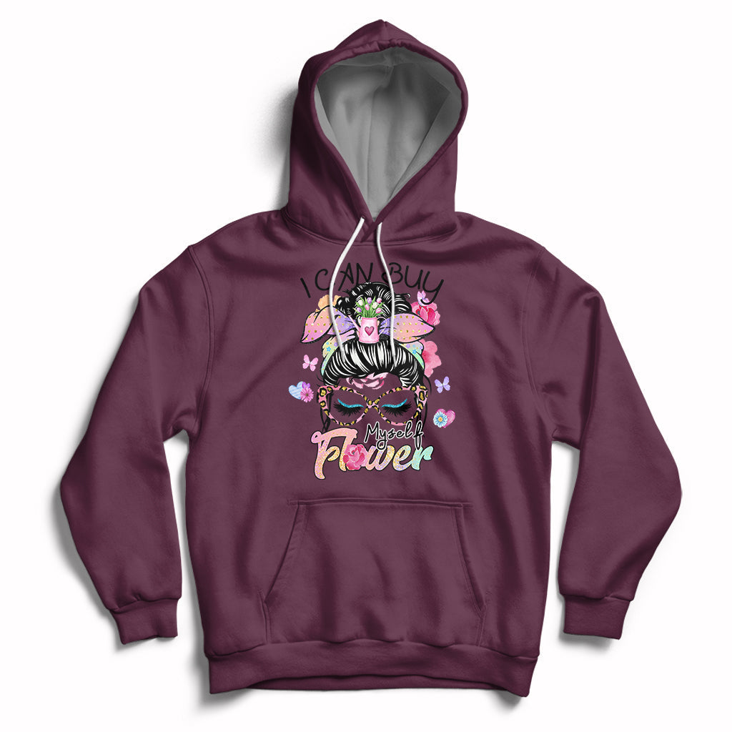 Maroon pullover hoodie with floral self-love graphic, hood, and front pocket